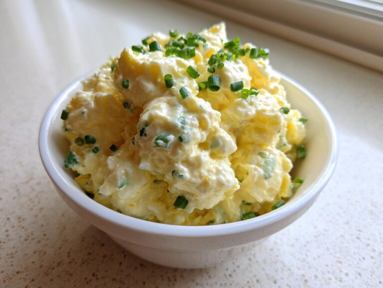 A close-up of a creamy, yellow egg salad recipe topped generously with freshly chopped green chives in a small white bowl.