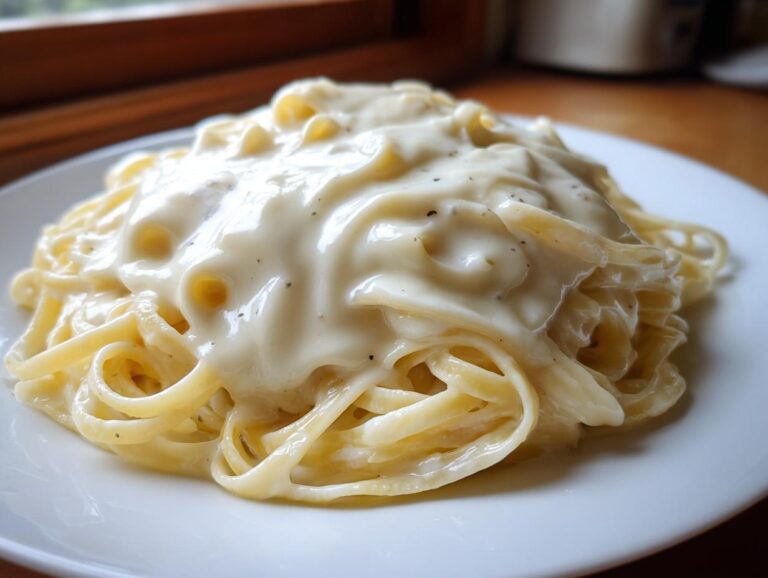 Close-up of fettuccine pasta generously coated in thick, creamy homemade alfredo sauce.