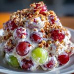 Close-up of a mound of creamy grape salad, featuring red and green grapes coated in dressing and topped with chopped pecans, reminiscent of chicken salad chick grape salad.