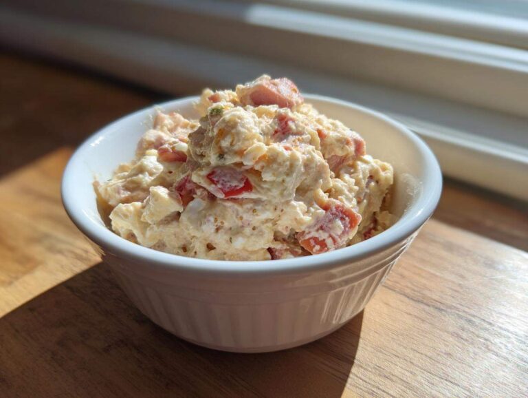 A white bowl filled with creamy ham salad featuring visible chunks of ham and red peppers, set on a wooden surface.