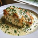 A close-up of creamy lemon chicken topped with melted cheese and fresh parsley in a white bowl.