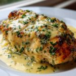 A perfectly seared piece of creamy lemon chicken smothered in a rich, pale yellow sauce and topped with fresh chopped parsley.