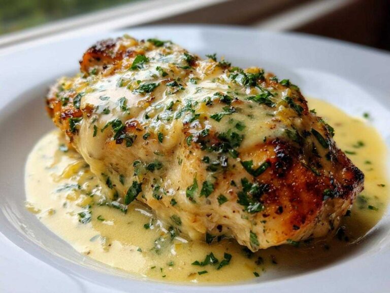 A perfectly seared piece of creamy lemon chicken smothered in a rich, pale yellow sauce and topped with fresh chopped parsley.