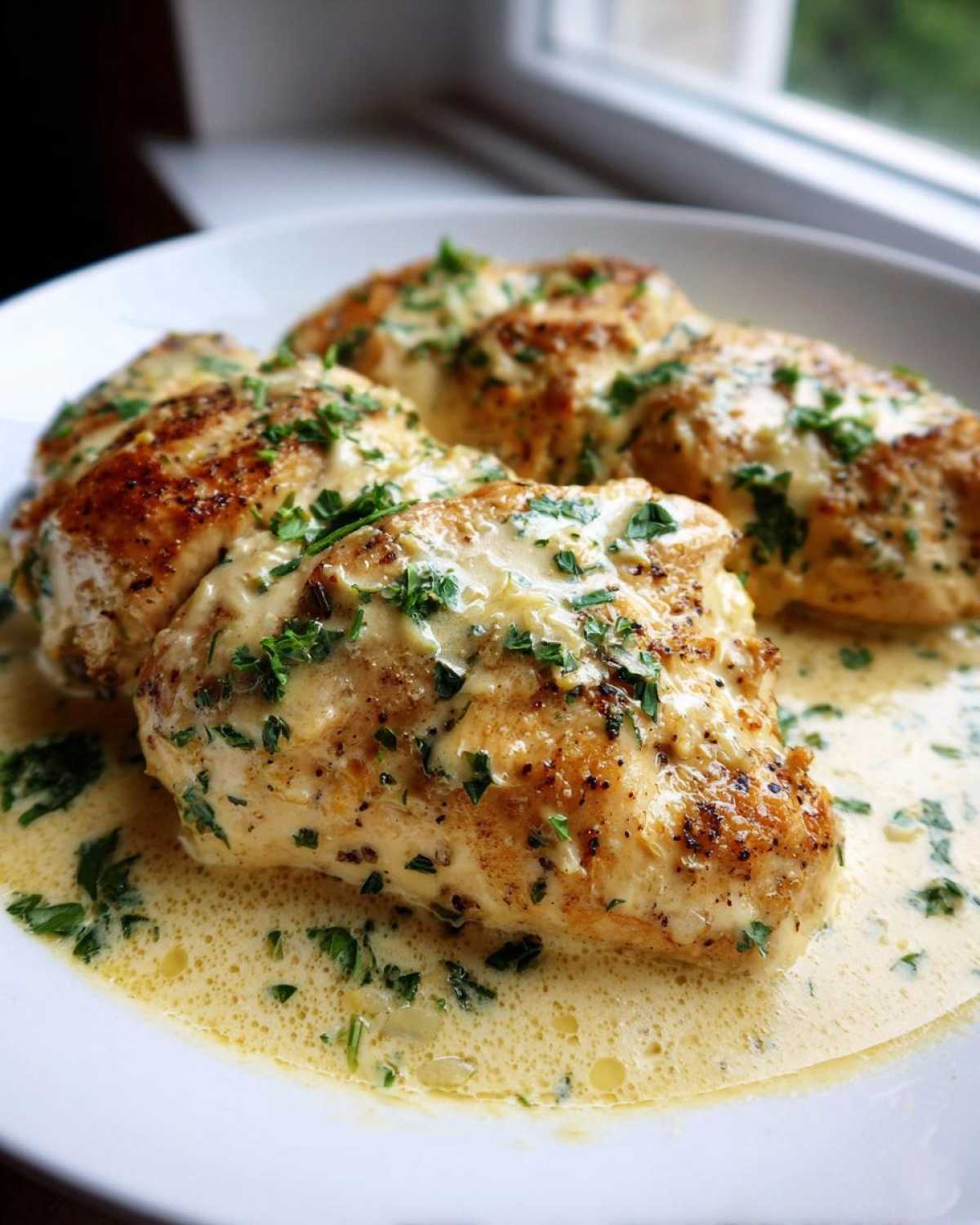 Four pieces of seared, juicy creamy lemon chicken covered in a rich sauce and garnished with fresh parsley.