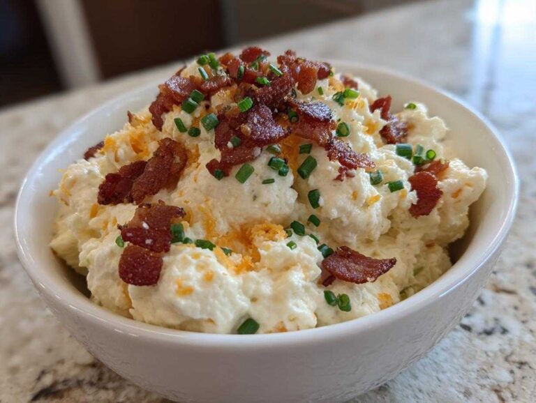 Close-up of a bowl of creamy Million Dollar Dip topped generously with crispy bacon bits and fresh green chives.