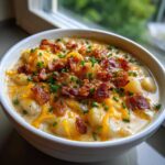 A creamy bowl of potato soup recipe loaded with melted cheddar cheese, crispy bacon bits, and fresh chives.
