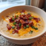 Close-up of a bowl of creamy potato soup recipe topped generously with shredded cheddar cheese, crispy bacon bits, and green onions.