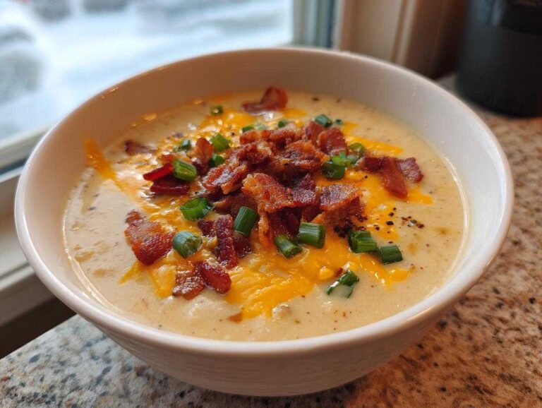 Close-up of a bowl of creamy potato soup recipe topped generously with shredded cheddar cheese, crispy bacon bits, and green onions.
