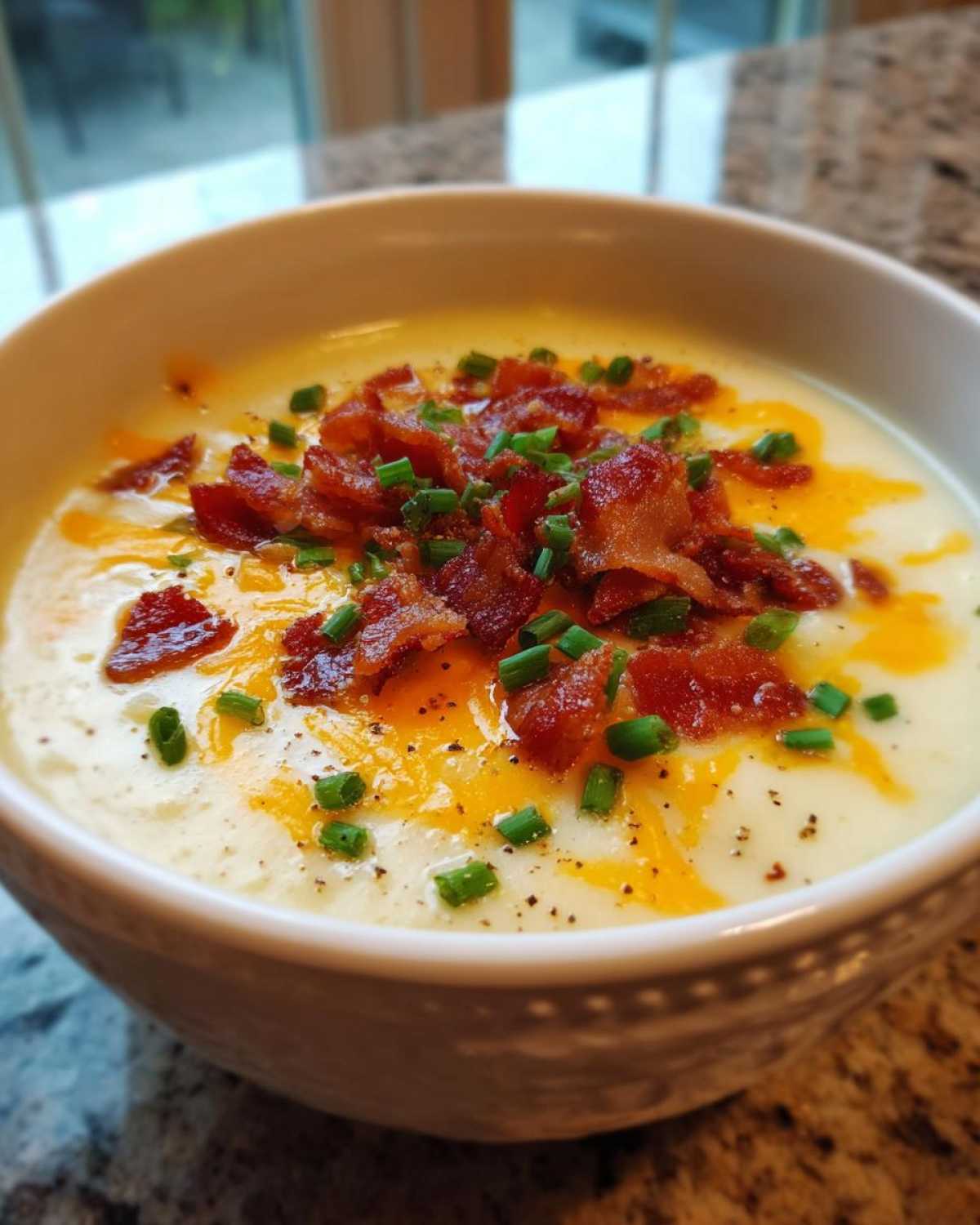 Close-up of creamy potato soup recipe topped generously with crumbled bacon, shredded cheddar cheese, and fresh chives.