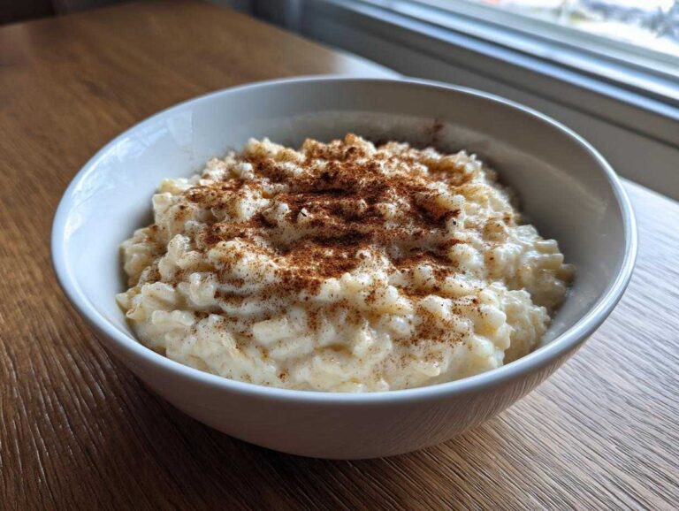 A close-up of a bowl of creamy rice pudding generously dusted with cinnamon.
