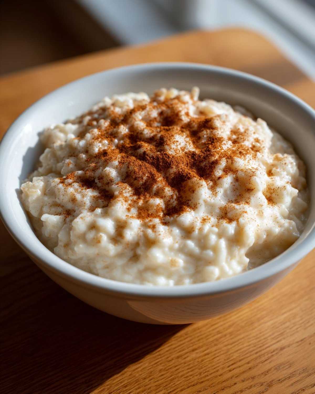 Close-up of creamy rice pudding in a white bowl, generously topped with ground cinnamon.