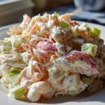 A close-up of a generous serving of creamy seafood salad mixed with chunks of seafood, celery, and a rich dressing.