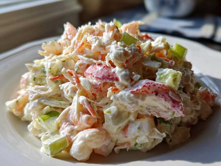 A close-up of a generous serving of creamy seafood salad mixed with chunks of seafood, celery, and a rich dressing.