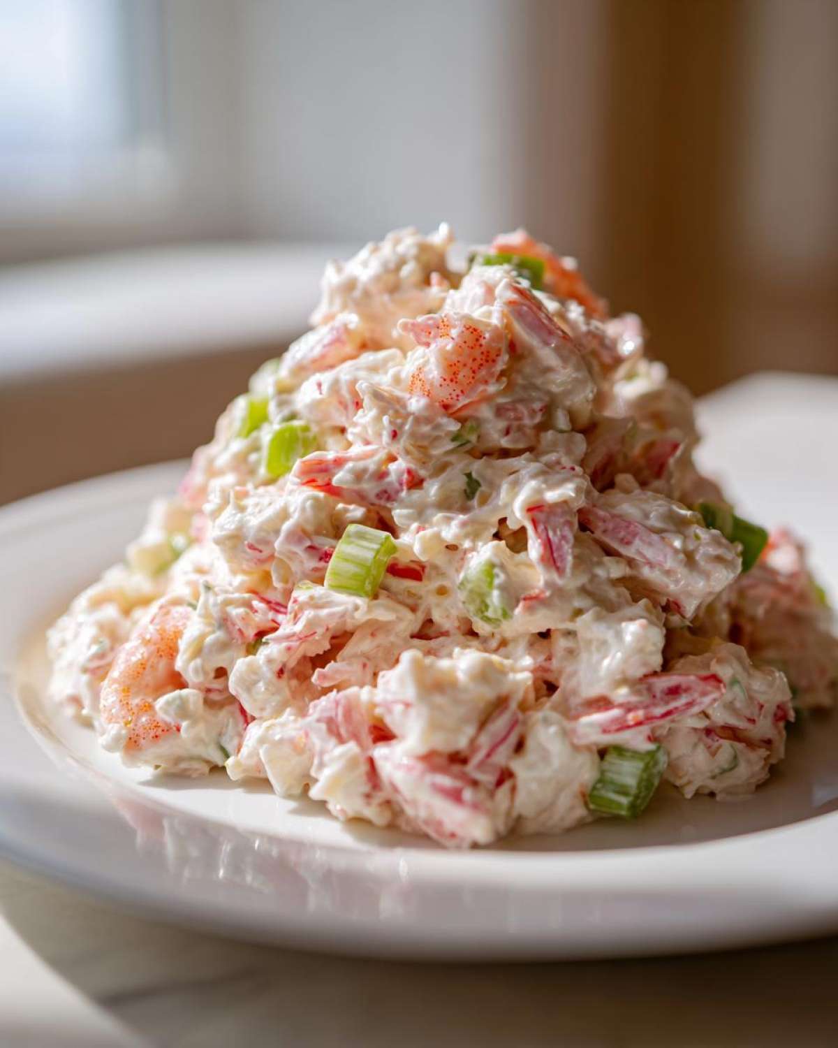 A mound of creamy seafood salad featuring shrimp and imitation crab, garnished with green onions, served on a white plate.