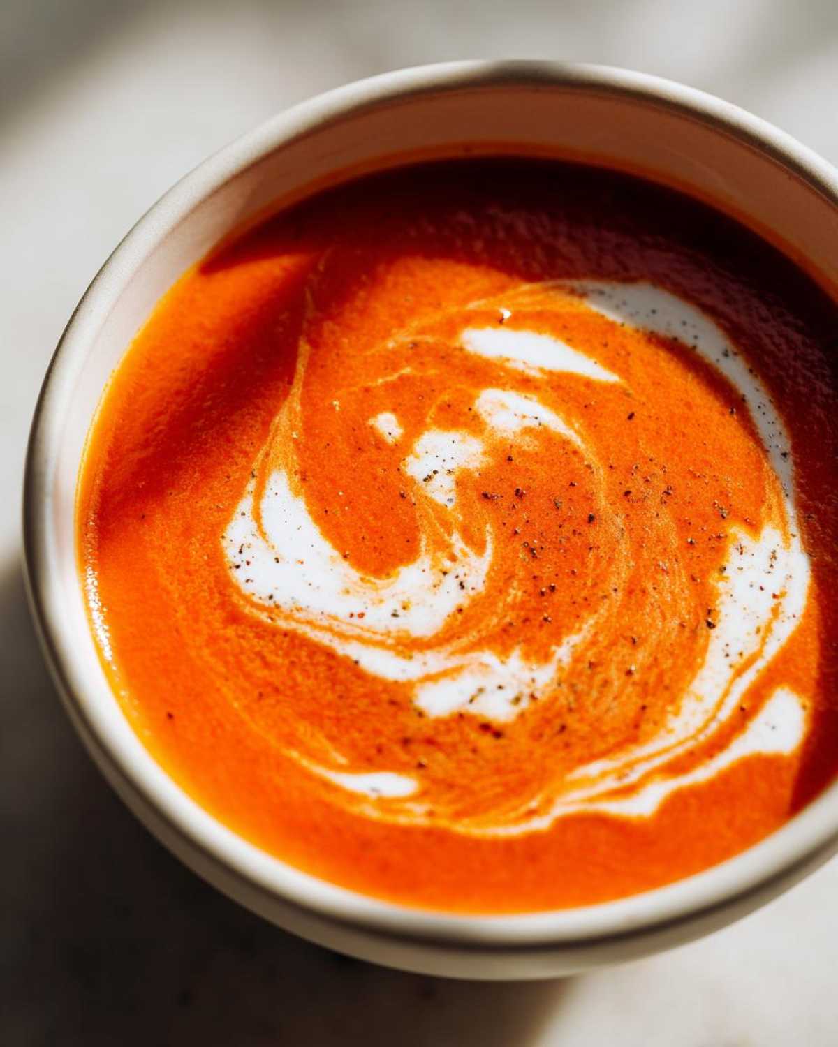 Close-up of vibrant orange tomato bisque topped with a swirl of cream and cracked black pepper.