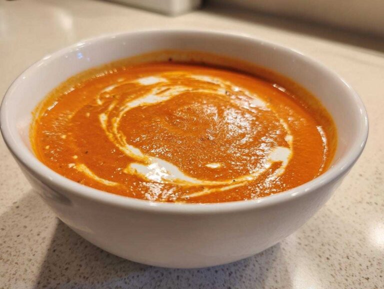 Close-up of a rich, orange tomato bisque topped with a swirl of cream in a white bowl.