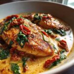 Two golden-brown chicken breasts swimming in a rich, creamy sauce with spinach and sun-dried tomatoes, featuring creamy Tuscan chicken.