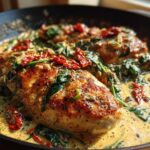 Close-up of pan-seared creamy Tuscan chicken breasts swimming in a rich sauce with spinach and sun-dried tomatoes.