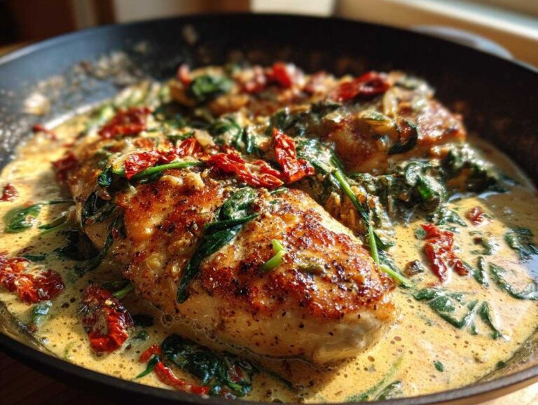 Close-up of pan-seared creamy Tuscan chicken breasts swimming in a rich sauce with spinach and sun-dried tomatoes.