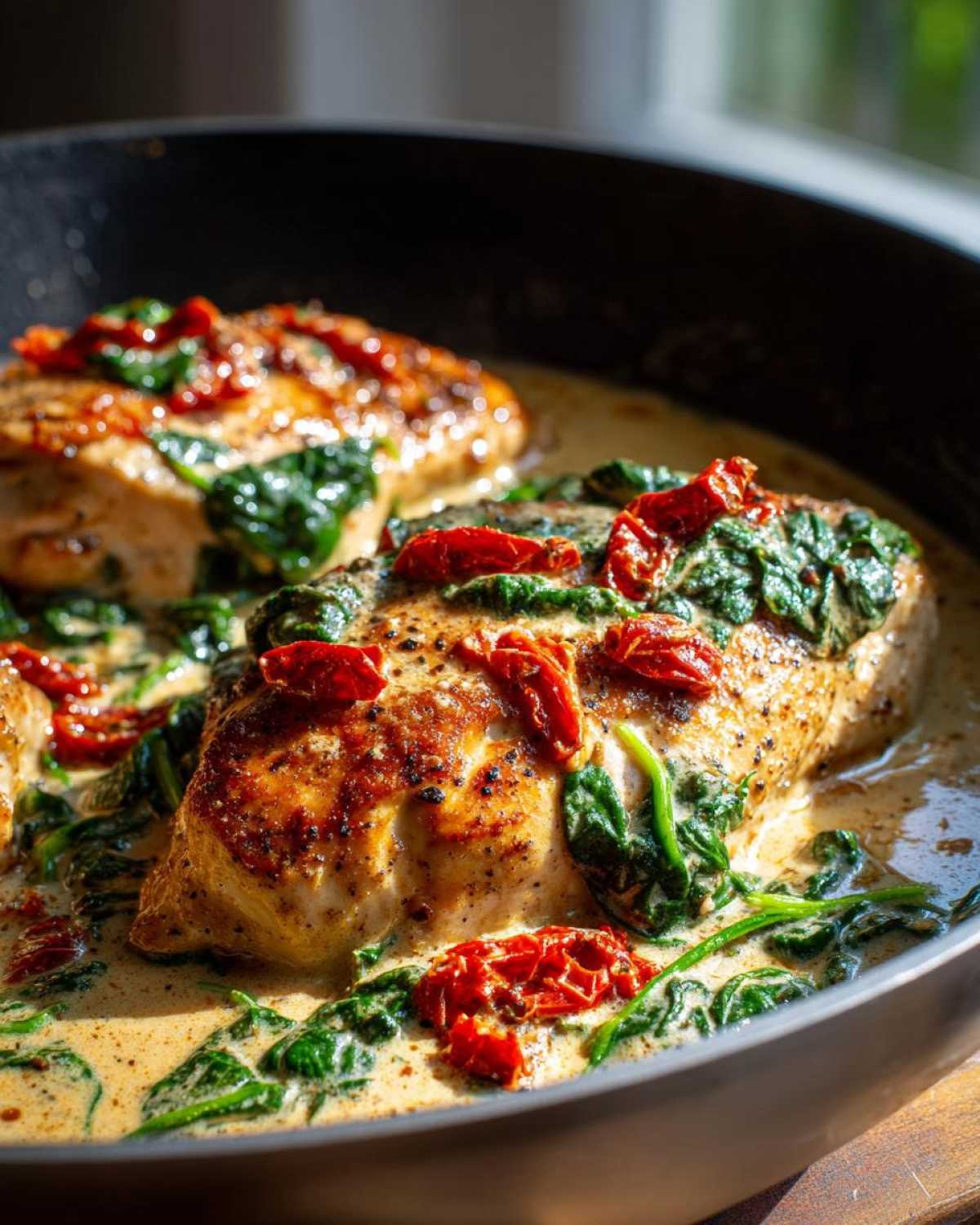 Two seared chicken breasts simmering in a rich, creamy sauce with spinach and sun-dried tomatoes, the signature creamy tuscan chicken.