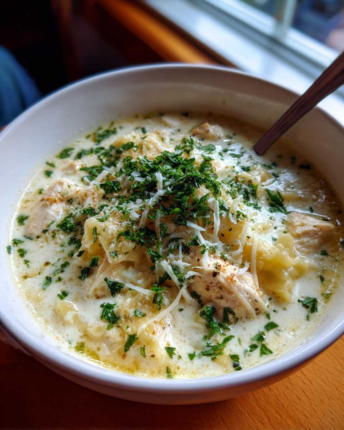 creamy white chicken lasagna soup - detail 2