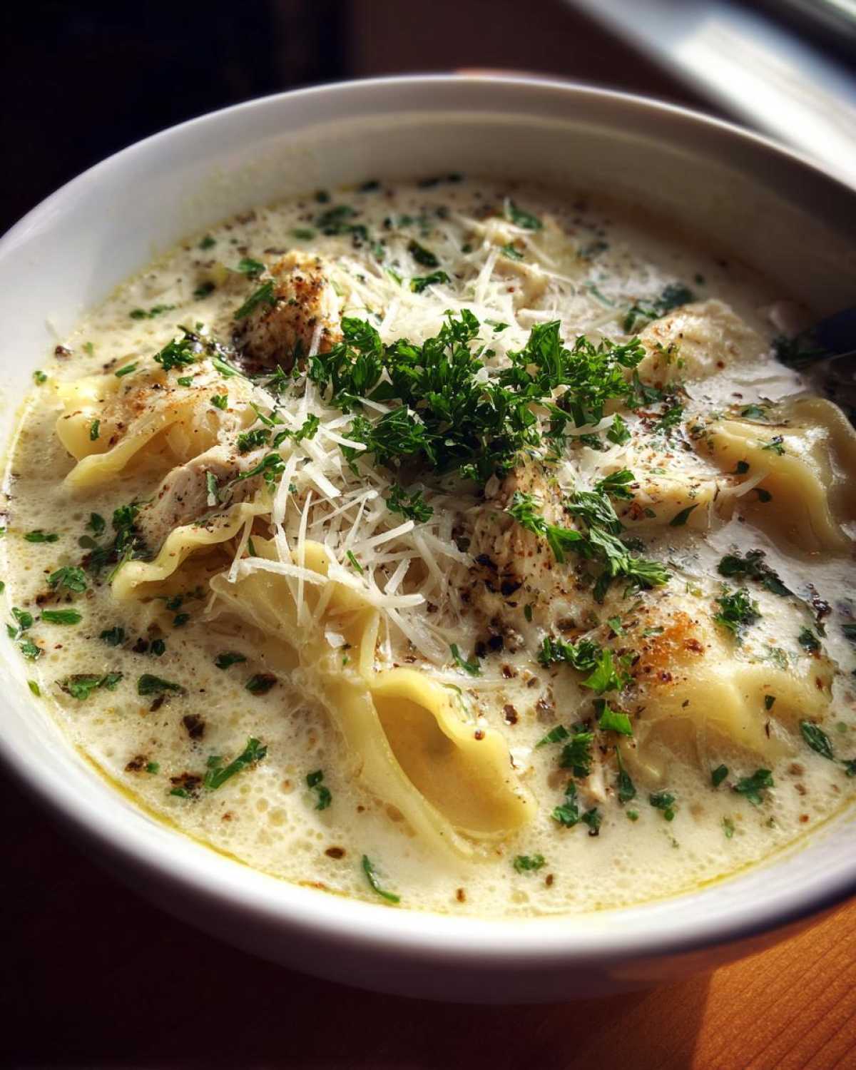 creamy white chicken lasagna soup - detail 4