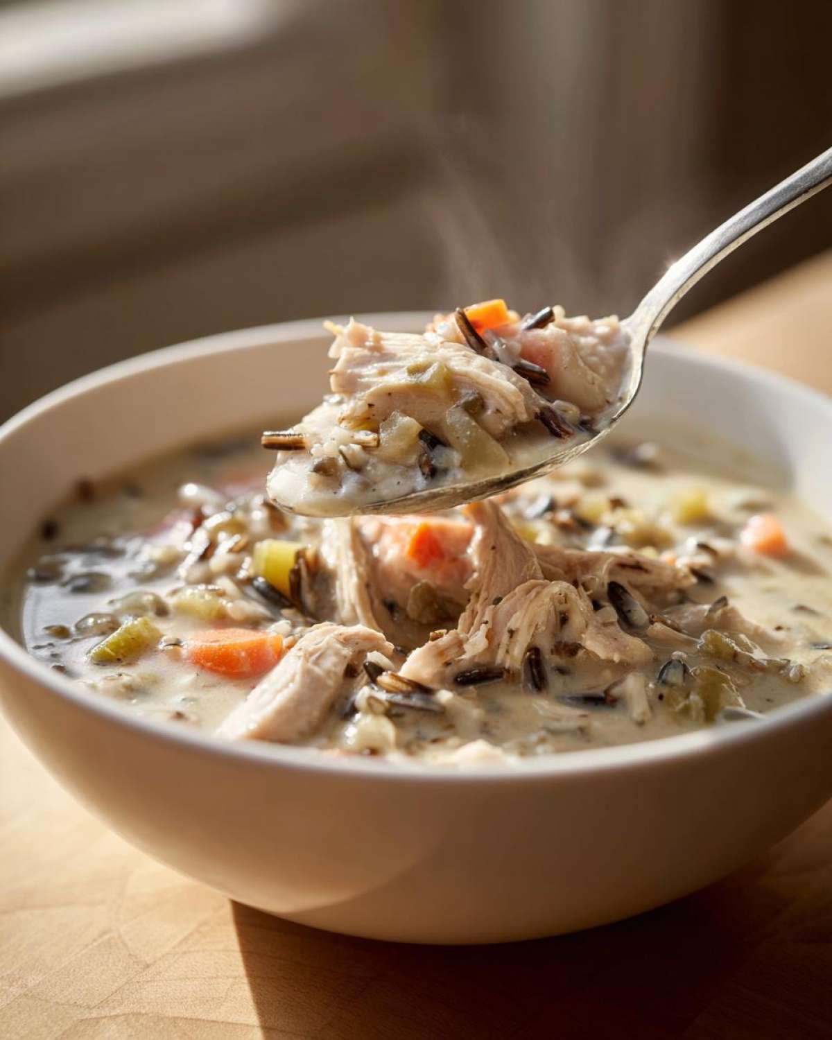 A spoonful of creamy wild rice soup, filled with shredded chicken, wild rice, and carrots, being lifted from a white bowl.