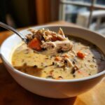 A spoonful of creamy wild rice soup showing shredded chicken, carrots, and wild rice grains.