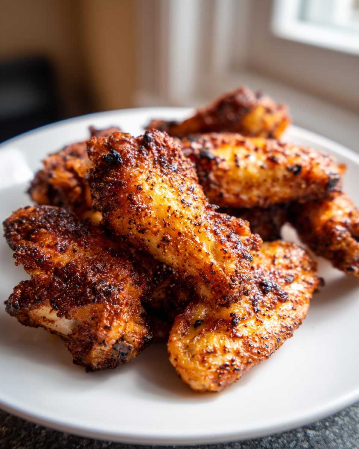 Close-up of several perfectly seasoned and crispy air fryer chicken wings piled on a white plate.