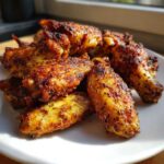 A close-up shot of several golden brown, seasoned, crispy air fryer chicken wings piled on a white plate.