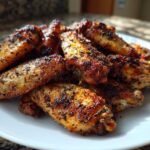 A pile of golden brown, seasoned, and crispy air fryer chicken wings stacked on a white plate.
