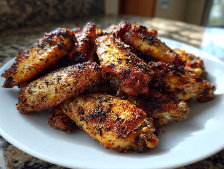 A pile of golden brown, seasoned, and crispy air fryer chicken wings stacked on a white plate.