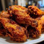 A close-up of a mound of perfectly golden-brown, crispy baked chicken wings piled high on a white plate.