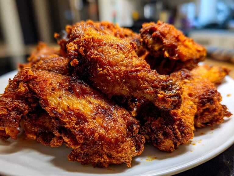 A close-up of a mound of perfectly golden-brown, crispy baked chicken wings piled high on a white plate.