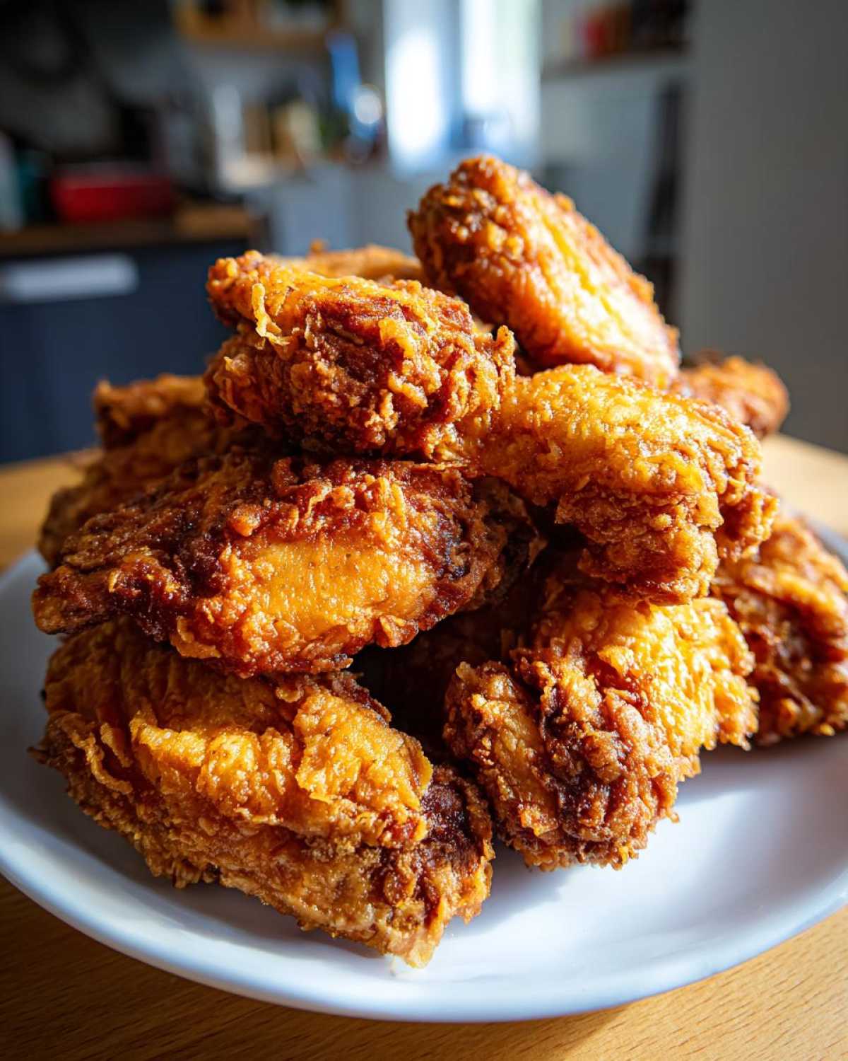 A large pile of golden brown, crispy baked chicken wings stacked high on a white plate.