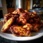 A large pile of golden brown, seasoned crispy baked chicken wings stacked high on a white plate.