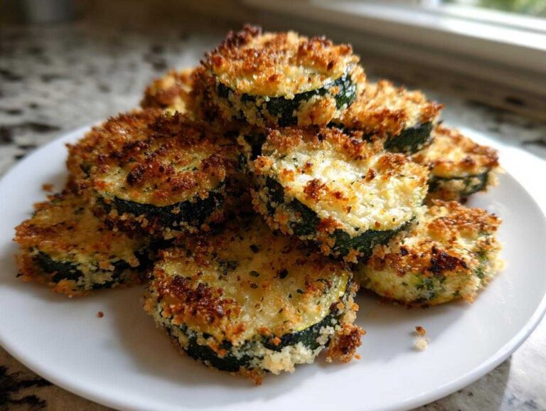 A pile of crispy, golden-brown baked parmesan zucchini rounds stacked on a white plate.
