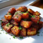 A close-up of golden brown, crispy breakfast potatoes piled high on a white plate and sprinkled with fresh parsley.