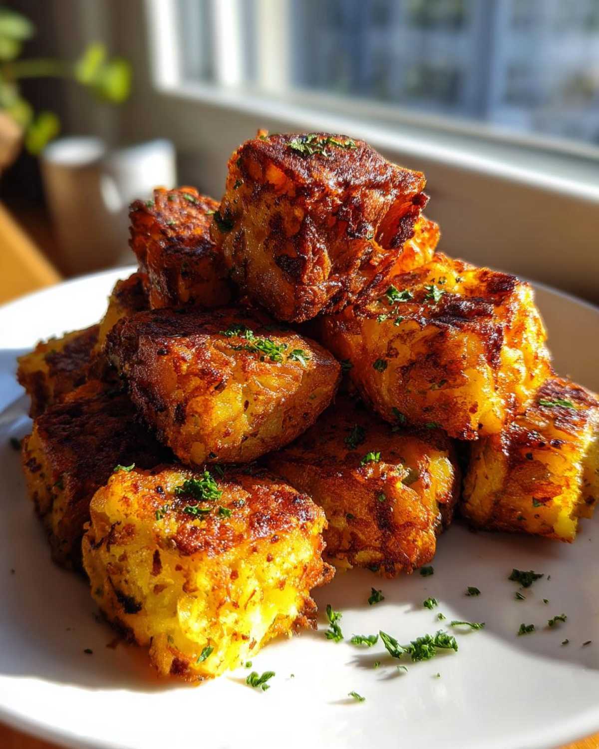 A stack of perfectly golden and crispy breakfast potatoes, seasoned and garnished with parsley.