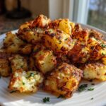 A mound of golden brown, crispy breakfast potatoes garnished with fresh parsley on a white plate.