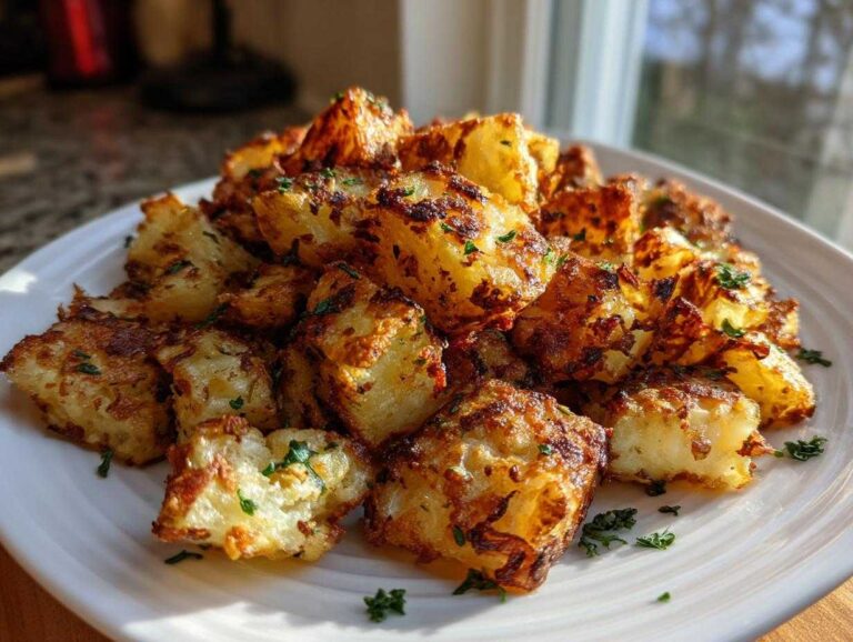 A mound of golden brown, crispy breakfast potatoes garnished with fresh parsley on a white plate.