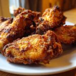 A close-up of several golden-brown, crispy chicken wings piled on a white plate.