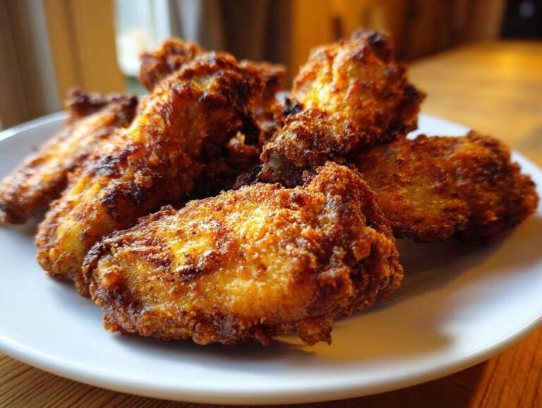 A close-up of several golden-brown, crispy chicken wings piled on a white plate.