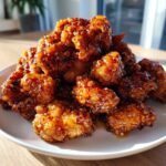 A pile of crispy, glazed pieces of orange chicken recipe coated in a shiny, dark orange sauce and sprinkled with sesame seeds.