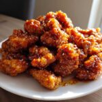 A mound of crispy, glazed orange chicken pieces sprinkled with sesame seeds, served on a white plate.