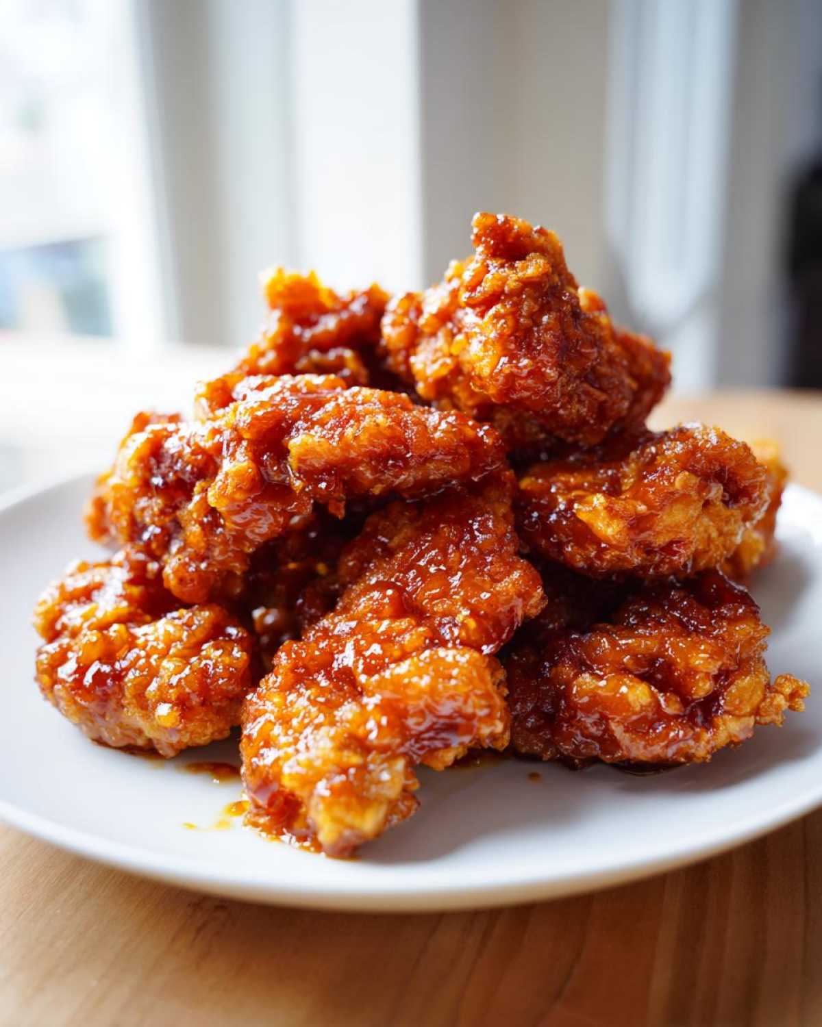 A pile of crispy, glazed pieces from an orange chicken recipe served on a white plate.