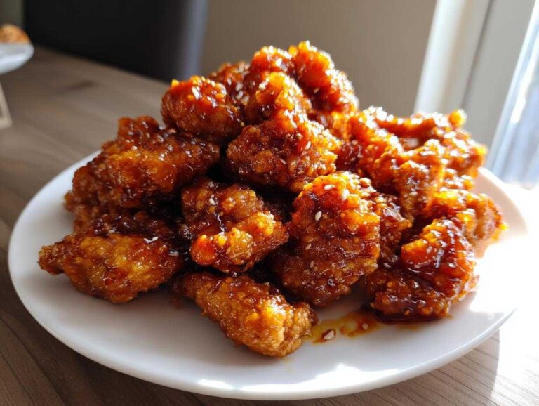 A mound of crispy, glazed orange chicken pieces sprinkled with sesame seeds, served on a white plate.