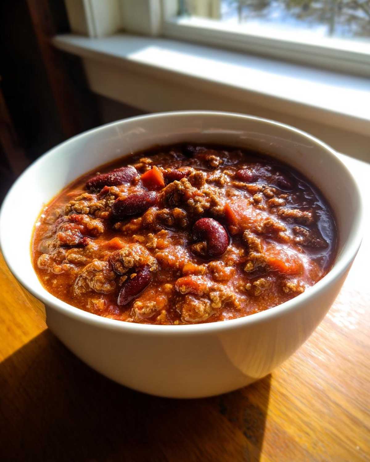 Close-up of a white bowl filled with rich, thick crockpot chili featuring ground meat and kidney beans.