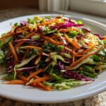 A vibrant plate of crunchy cabbage salad featuring shredded carrots, green cabbage, and purple cabbage.