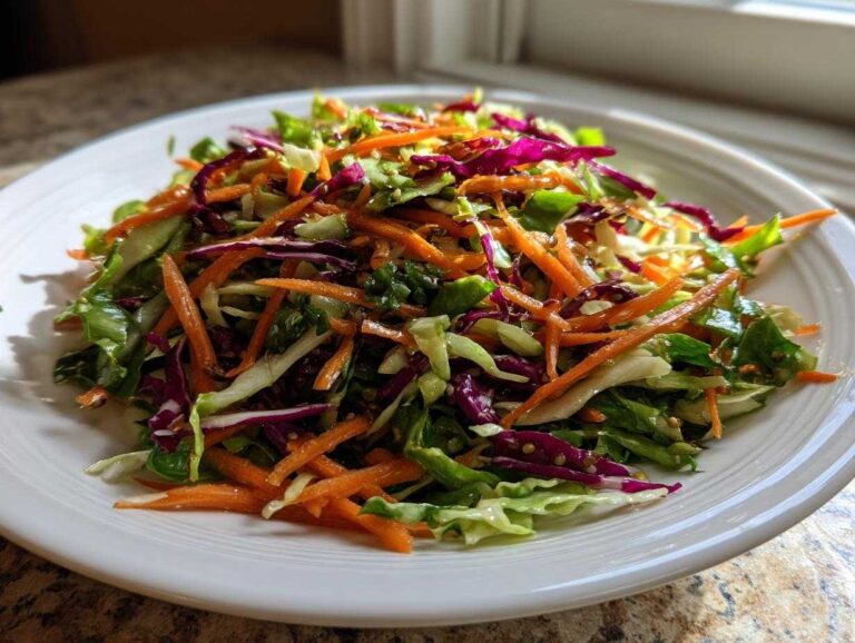 A vibrant plate of crunchy cabbage salad featuring shredded carrots, green cabbage, and purple cabbage.